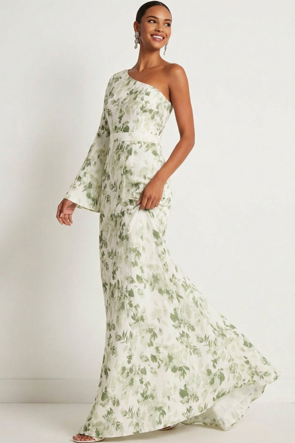 Green Floral Mermaid One Shoulder Maxi Wedding Guest Dress