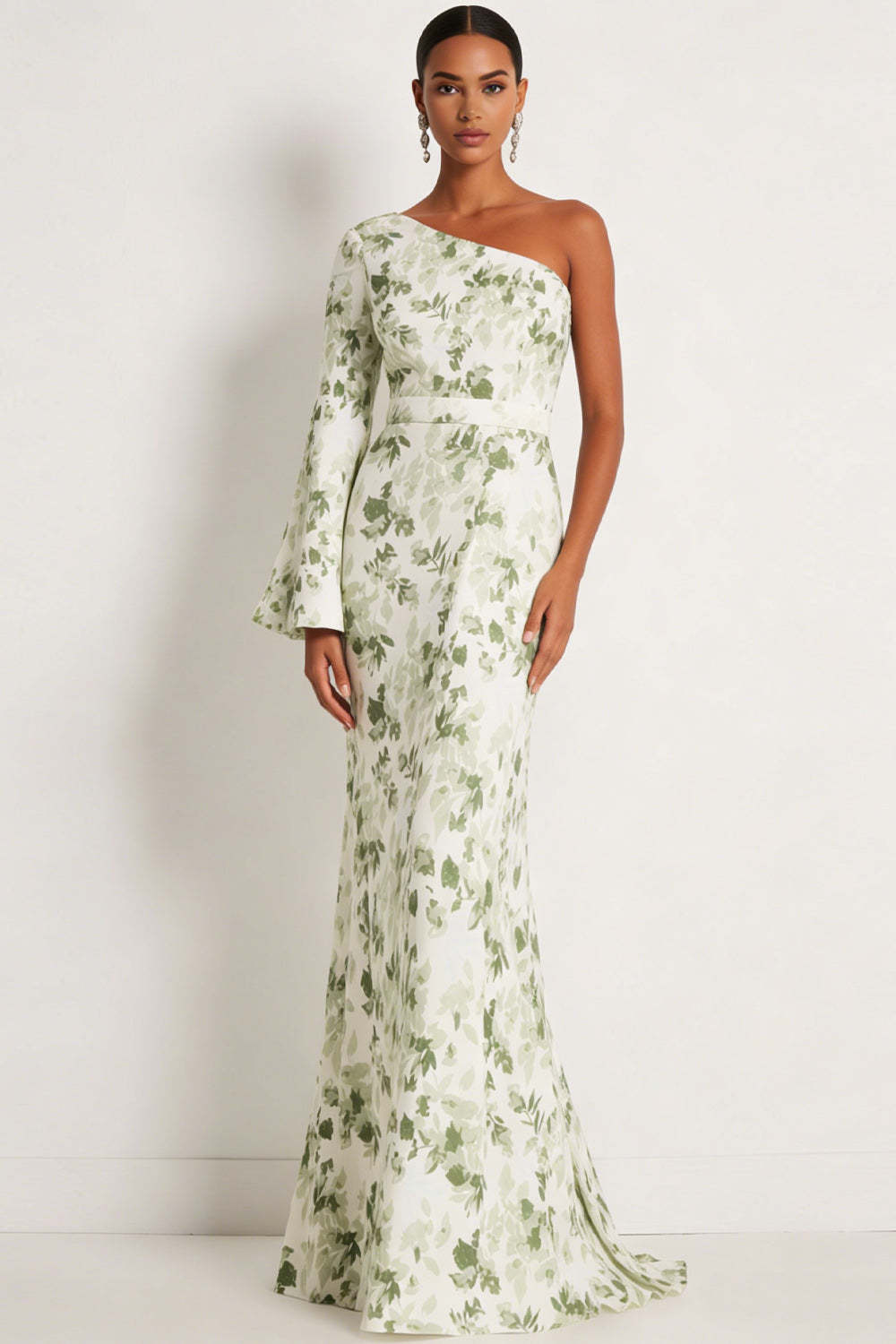 Leely Women Green Floral Mermaid Maxi Wedding Guest Dress One Shoulder Backless Evening Dress with Long Sleeves
