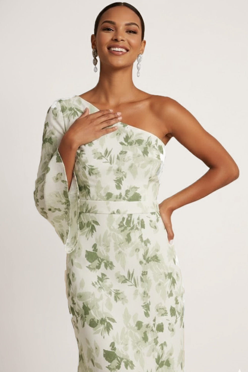 Green Floral Mermaid One Shoulder Maxi Wedding Guest Dress