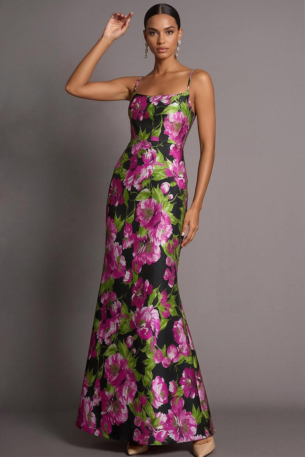 Leely Women Black Floral Mermaid Maxi Wedding Guest Dress Spaghetti Straps Backless Sleeveless Gala Dress