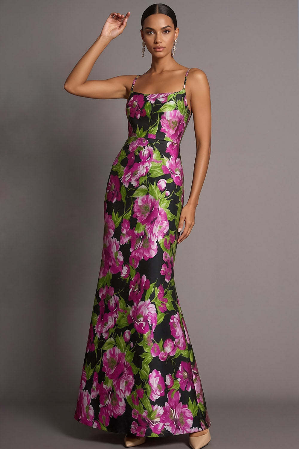 Leely Women Black Floral Mermaid Maxi Wedding Guest Dress Spaghetti Straps Backless Sleeveless Gala Dress