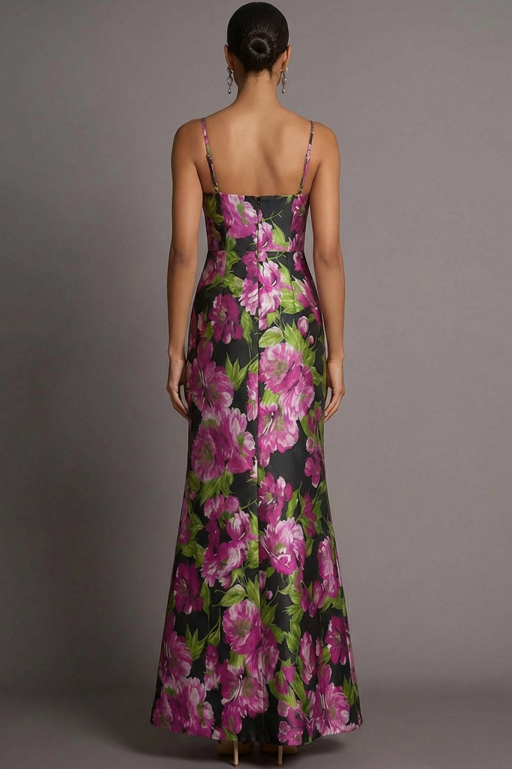 Black Floral Mermaid Spaghetti Straps Maxi Wedding Guest Dress