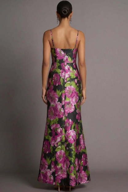 Black Floral Mermaid Spaghetti Straps Maxi Wedding Guest Dress