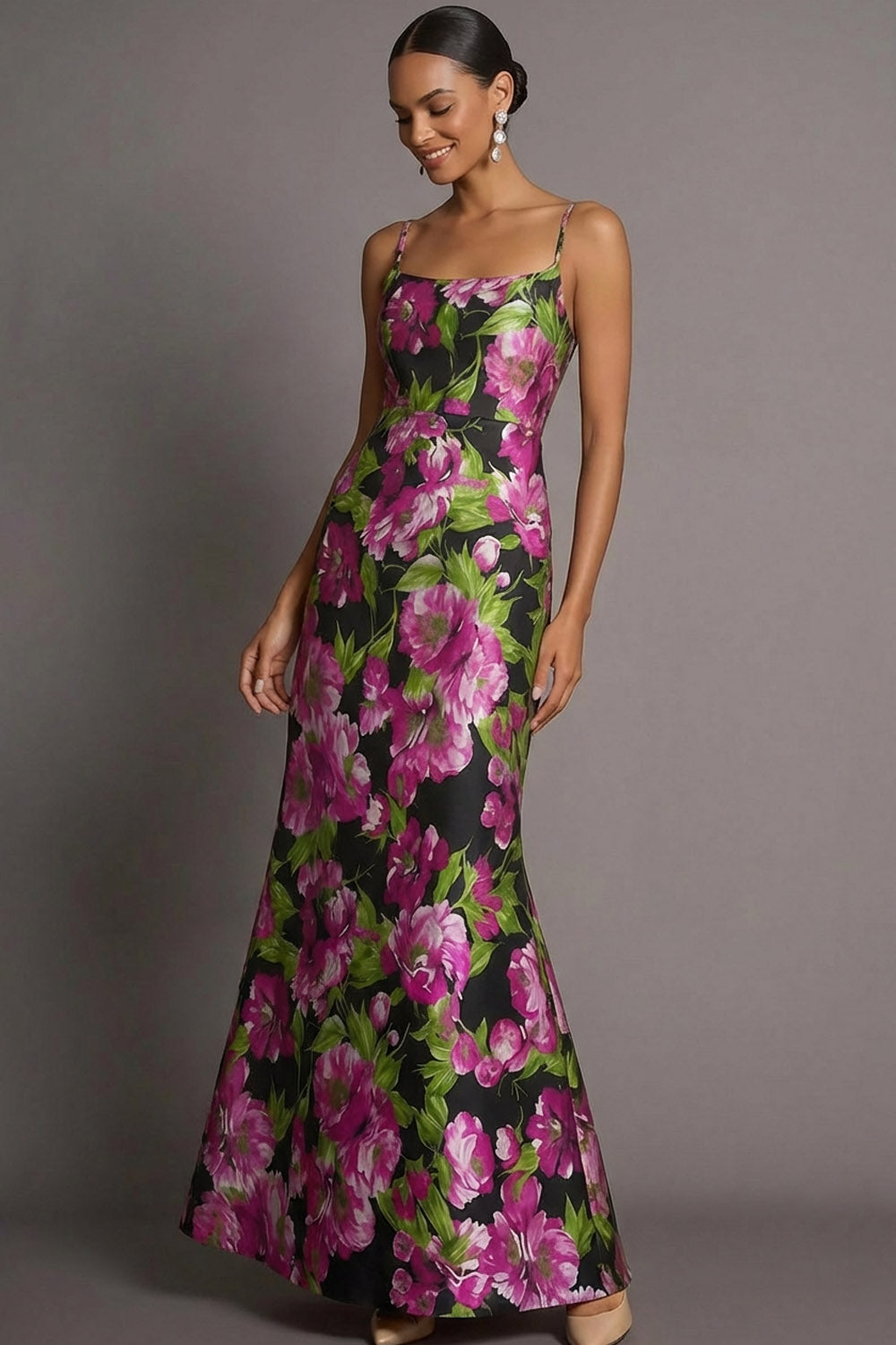 Black Floral Mermaid Spaghetti Straps Maxi Wedding Guest Dress