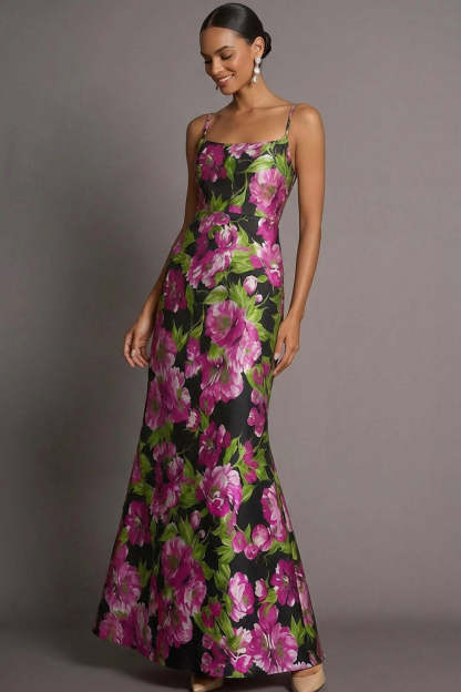 Black Floral Mermaid Spaghetti Straps Maxi Wedding Guest Dress