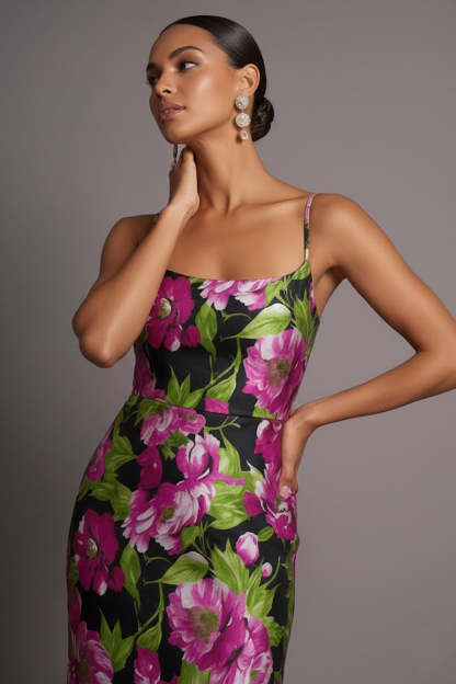 Black Floral Mermaid Spaghetti Straps Maxi Wedding Guest Dress