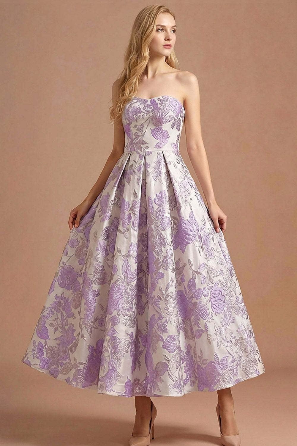 Lilac Jacquard Floral Strapless Long Prom Dress