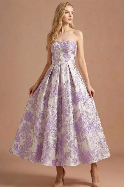 Lilac Jacquard Floral Strapless Long Prom Dress