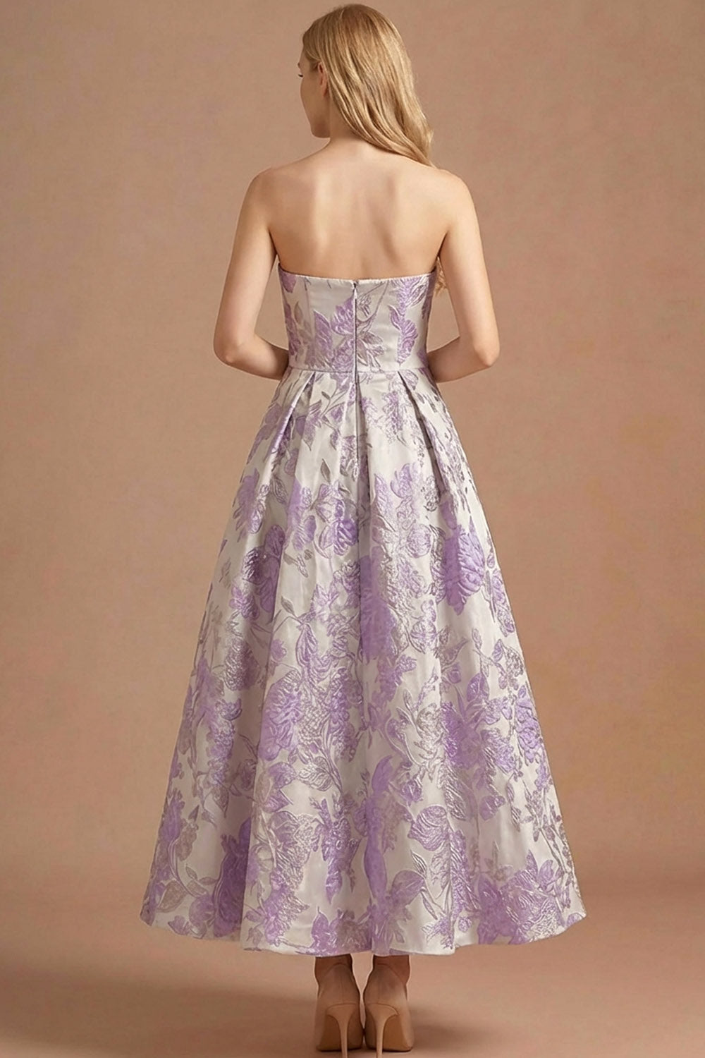 Lilac Jacquard Floral Strapless Long Prom Dress