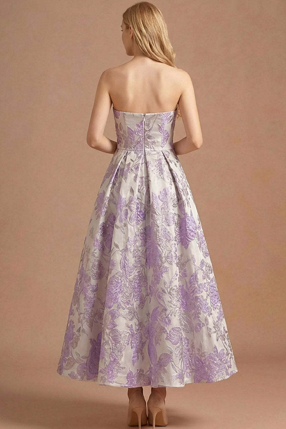 Lilac Jacquard Floral Strapless Long Prom Dress