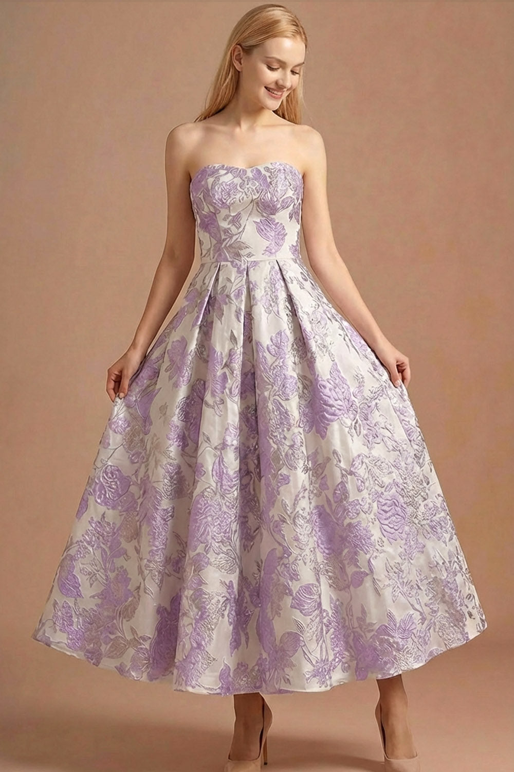 Leely Women Lilac Jacquard Floral Strapless Long Prom Dress A Line Backless Evening Dress