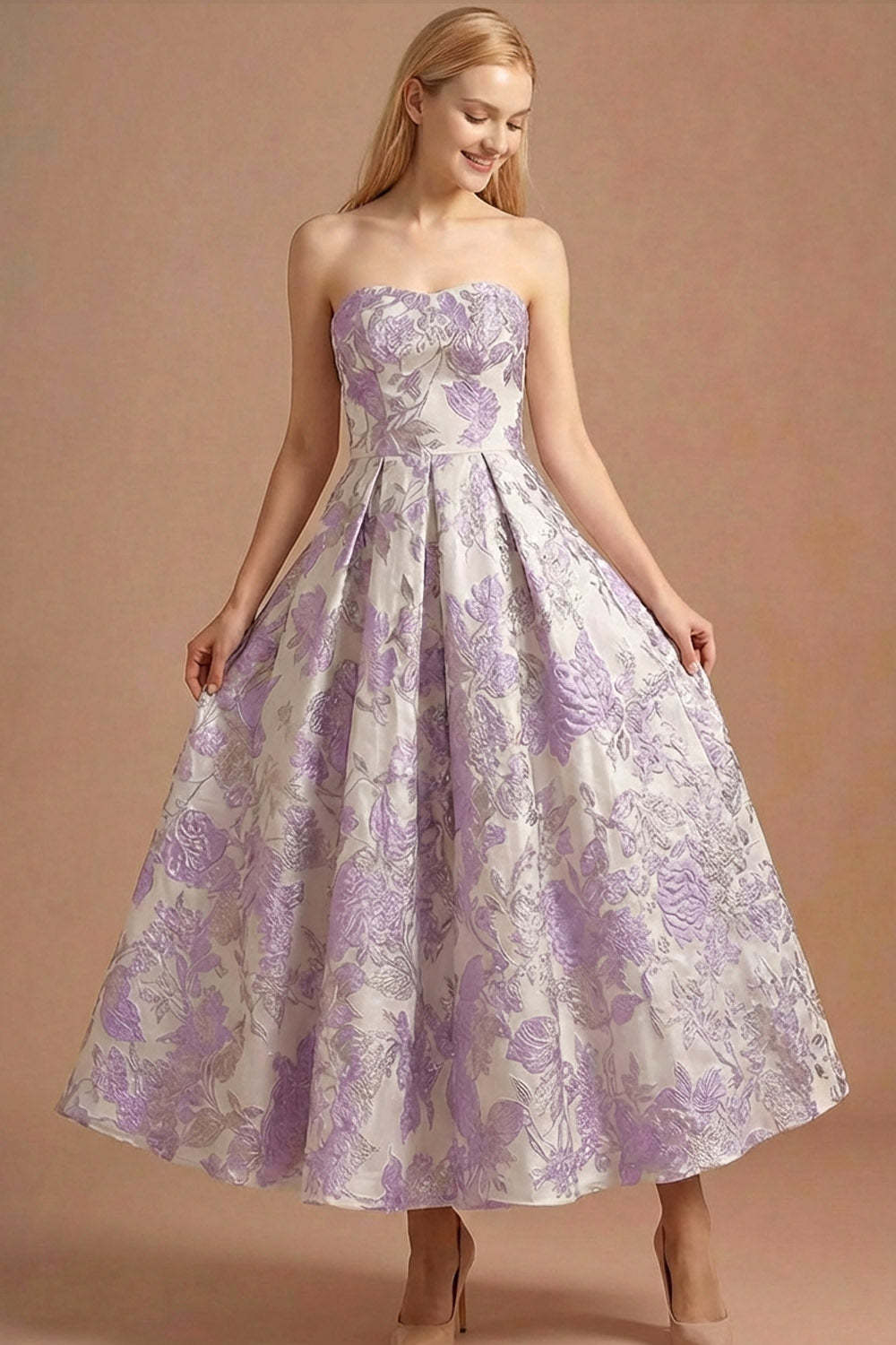 Leely Women Lilac Jacquard Floral Strapless Long Prom Dress A Line Backless Evening Dress