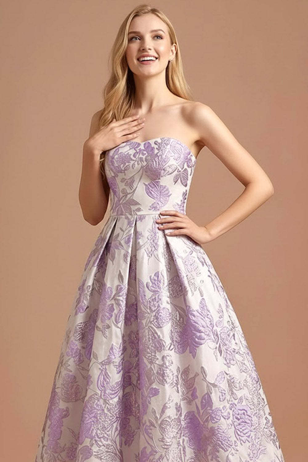Lilac Jacquard Floral Strapless Long Prom Dress