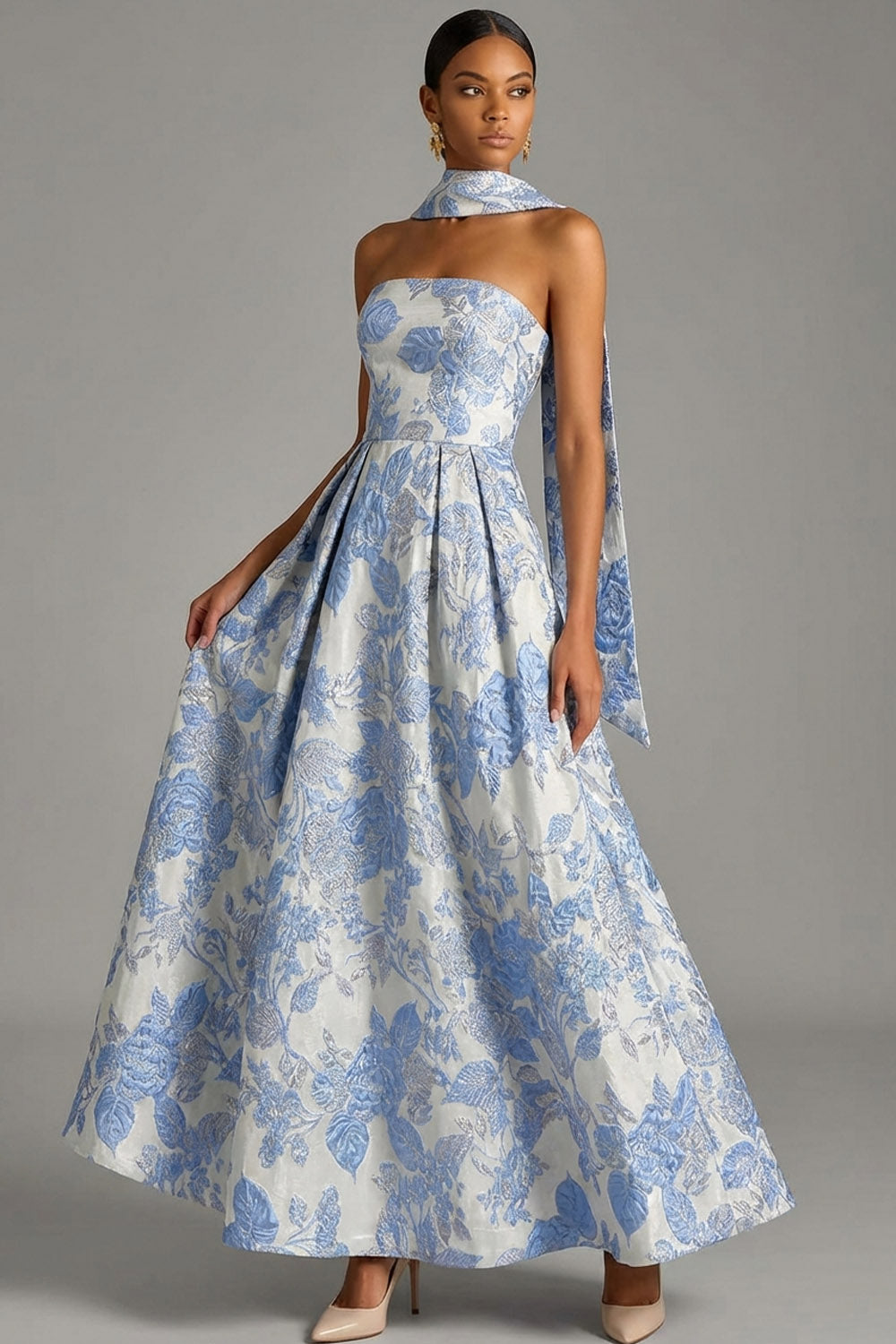 Floral Jacquard Light Blue A Line Maxi Prom Dress with Neck Scarf