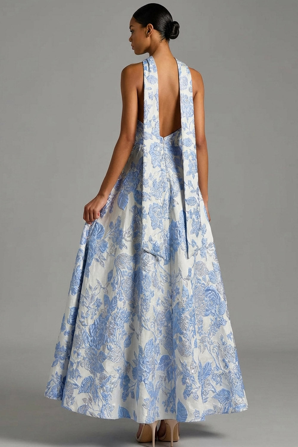 Floral Jacquard Light Blue A Line Maxi Prom Dress with Neck Scarf