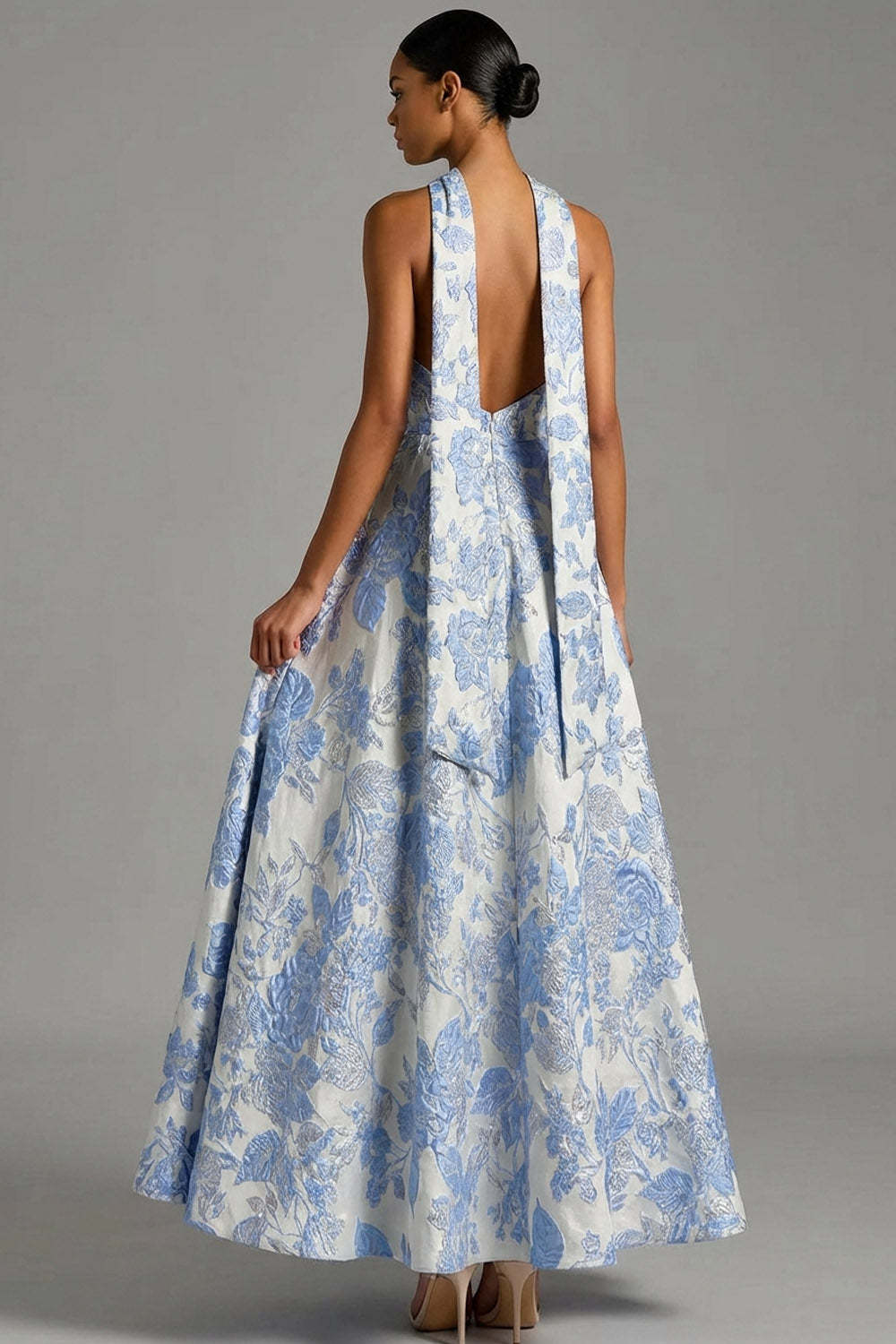Floral Jacquard Light Blue A Line Maxi Prom Dress with Neck Scarf