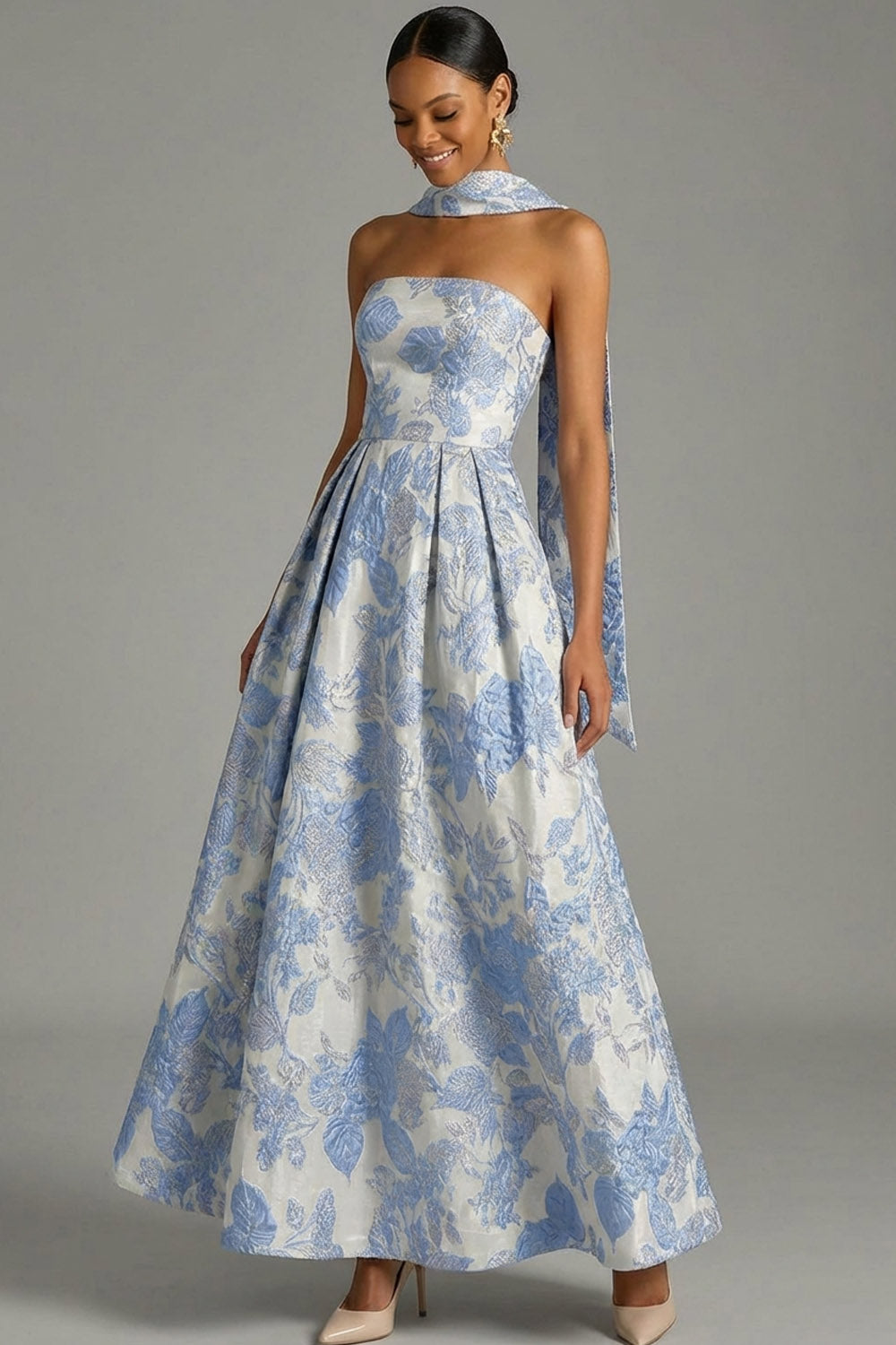 Floral Jacquard Light Blue A Line Maxi Prom Dress with Neck Scarf