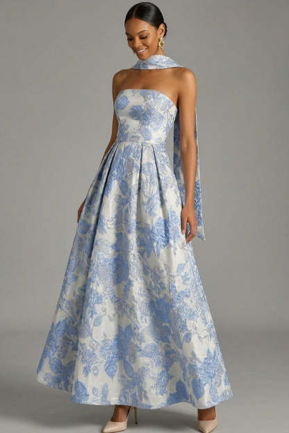 Floral Jacquard Light Blue A Line Maxi Prom Dress with Neck Scarf
