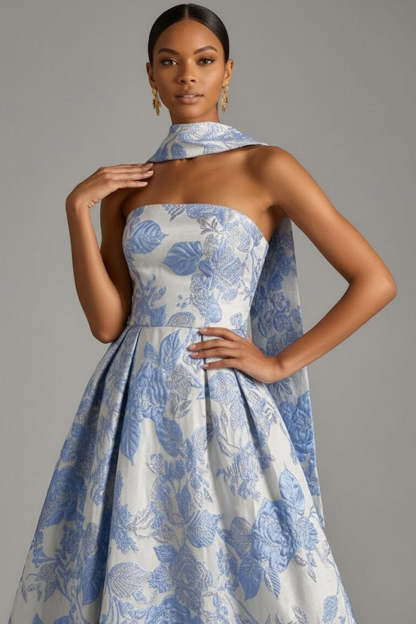 Floral Jacquard Light Blue A Line Maxi Prom Dress with Neck Scarf