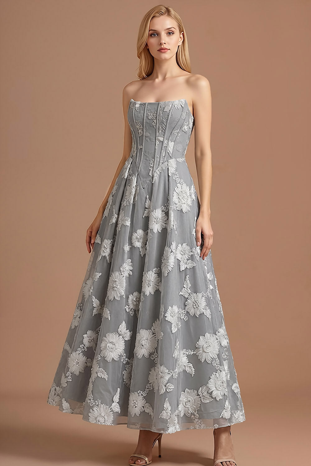 Leely Women Light Grey Corset Floral A Line Long Formal Dress Appliqued Strapless Backless Wedding Guest Dress