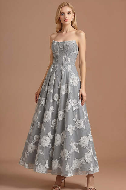 Leely Women Light Grey Corset Floral A Line Long Formal Dress Appliqued Strapless Backless Wedding Guest Dress