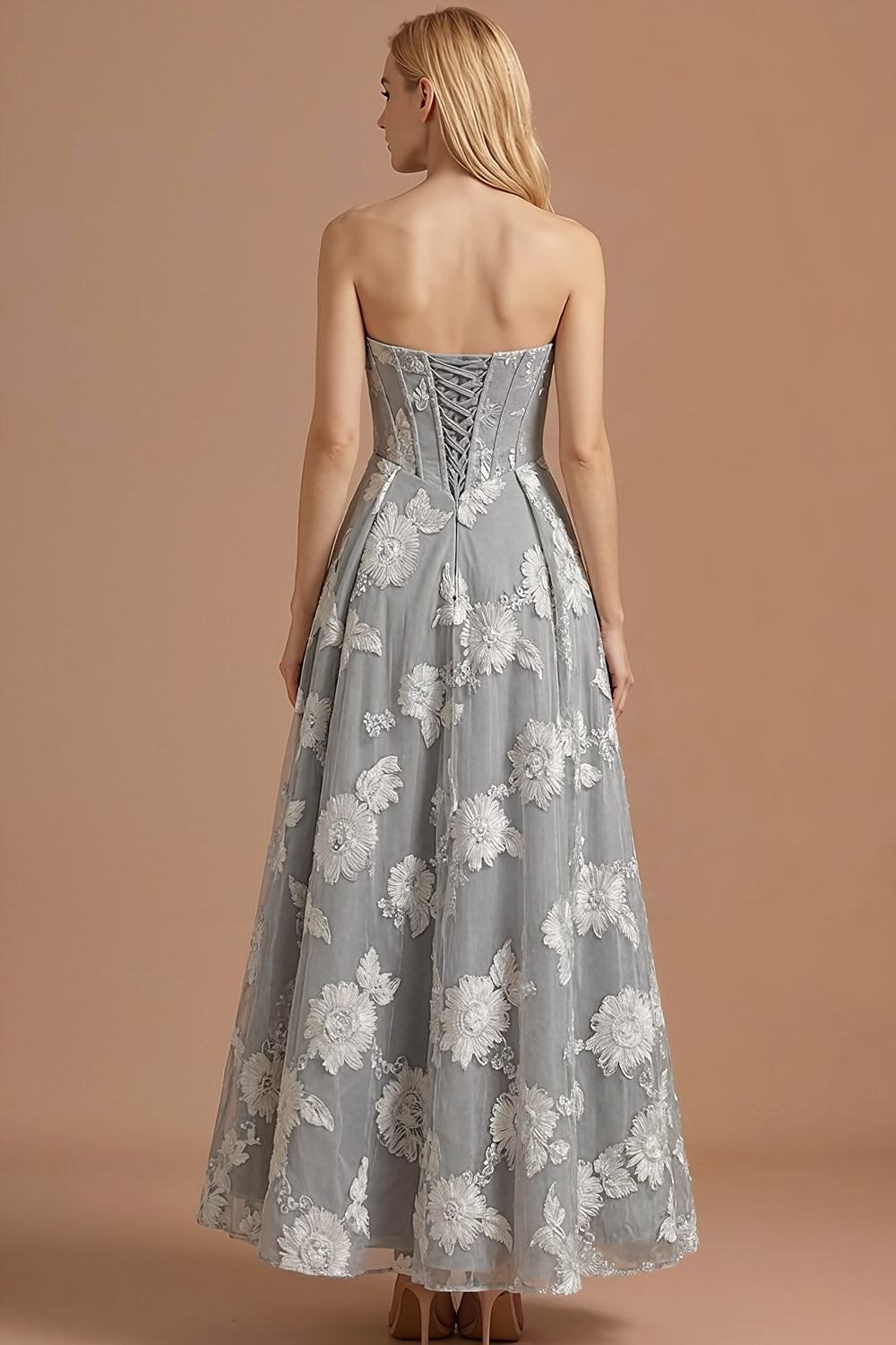 Light Grey Corset Floral A Line Long Formal Dress