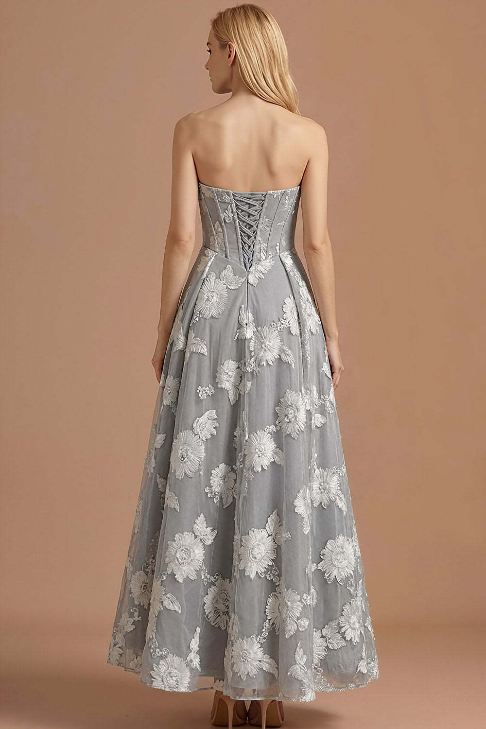 Light Grey Corset Floral A Line Long Formal Dress