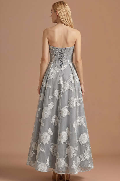 Light Grey Corset Floral A Line Long Formal Dress