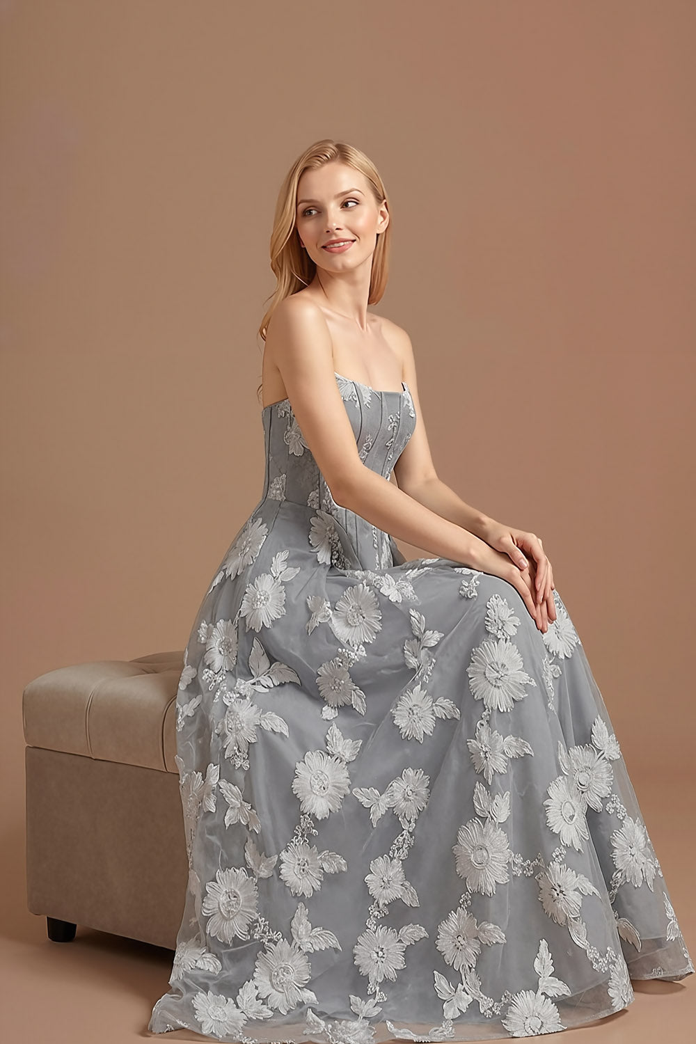 Light Grey Corset Floral A Line Long Formal Dress