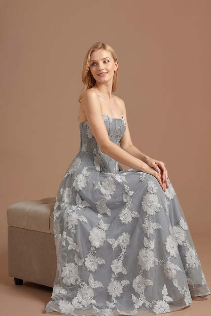 Light Grey Corset Floral A Line Long Formal Dress
