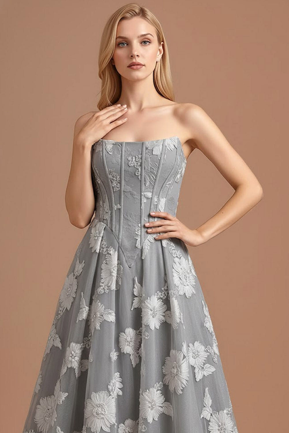 Light Grey Corset Floral A Line Long Formal Dress