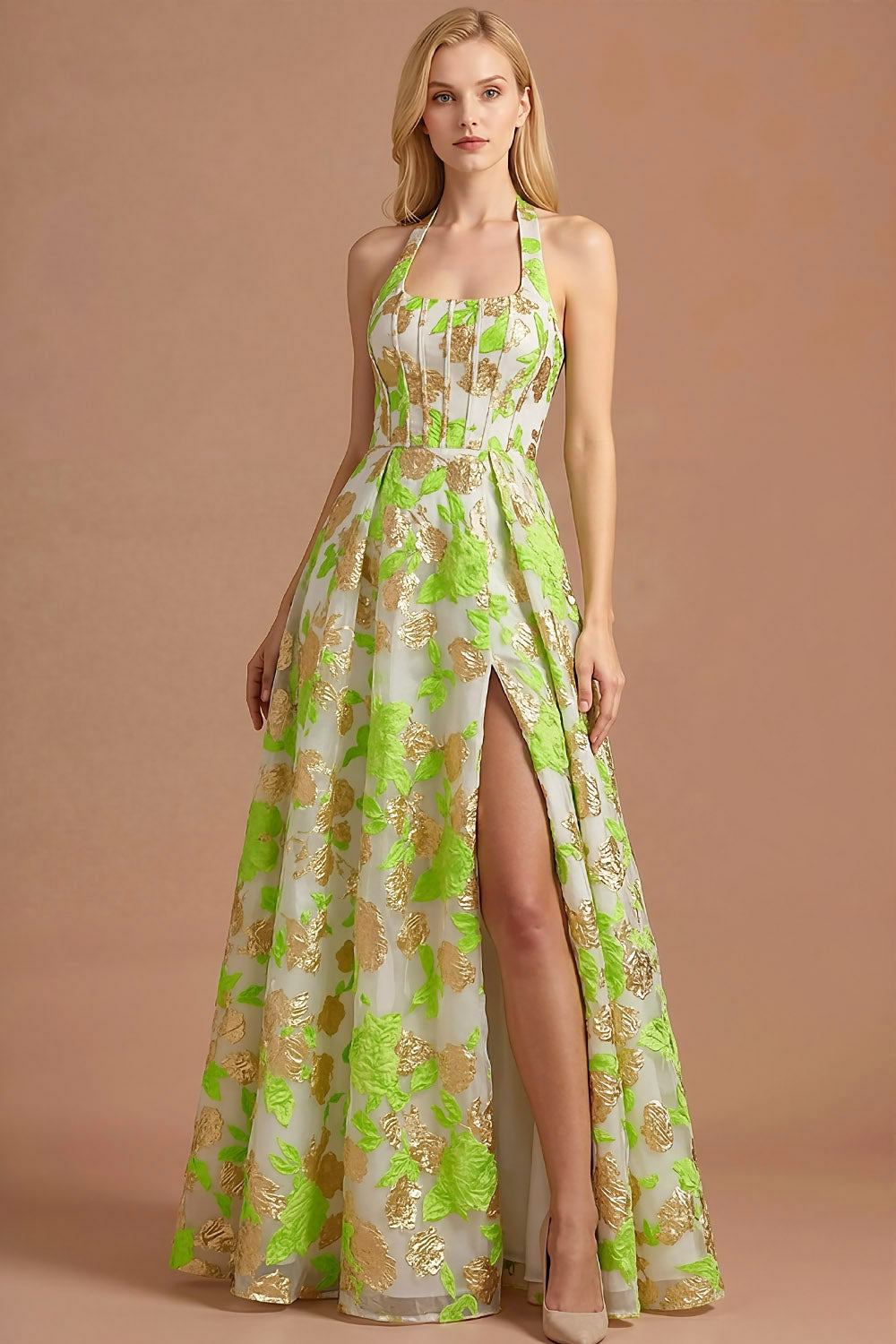 Leely Women Light Green Jacquard Corset Floral Long Formal Dress with Slit A Line Halter Neck Sleeveless Evening Dress