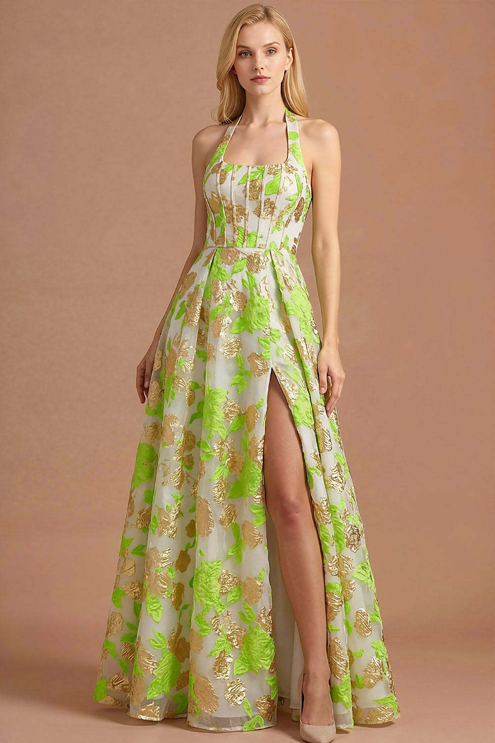 Leely Women Light Green Jacquard Corset Floral Long Formal Dress with Slit A Line Halter Neck Sleeveless Evening Dress