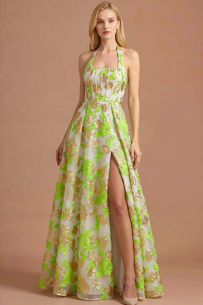 Leely Women Light Green Jacquard Corset Floral Long Formal Dress with Slit A Line Halter Neck Sleeveless Evening Dress