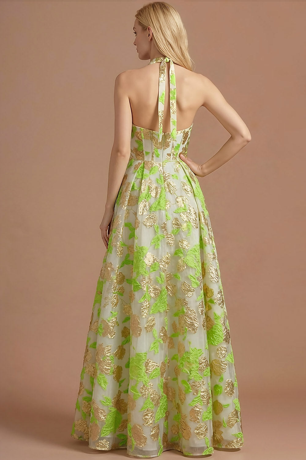 Light Green Jacquard Corset Floral A Line Long Formal Dress with Slit