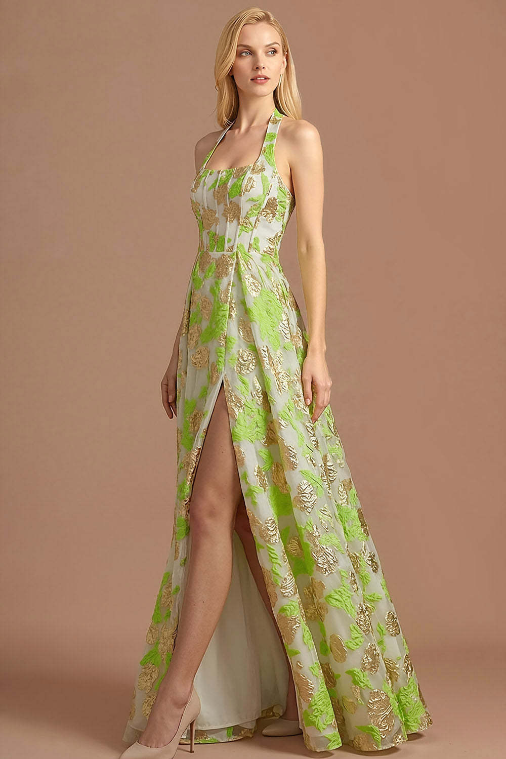 Light Green Jacquard Corset Floral A Line Long Formal Dress with Slit