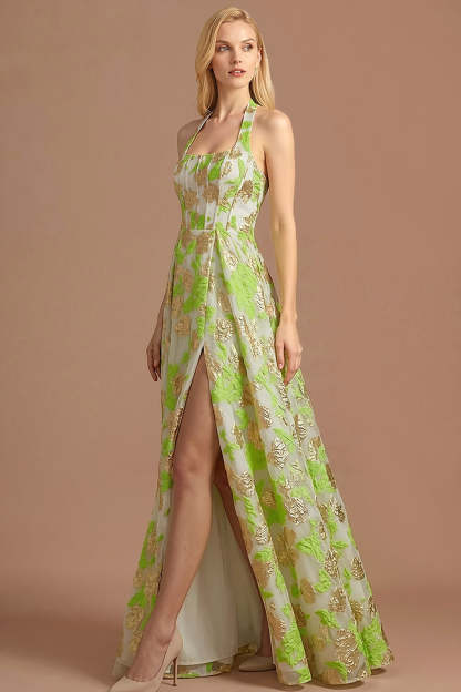 Light Green Jacquard Corset Floral A Line Long Formal Dress with Slit