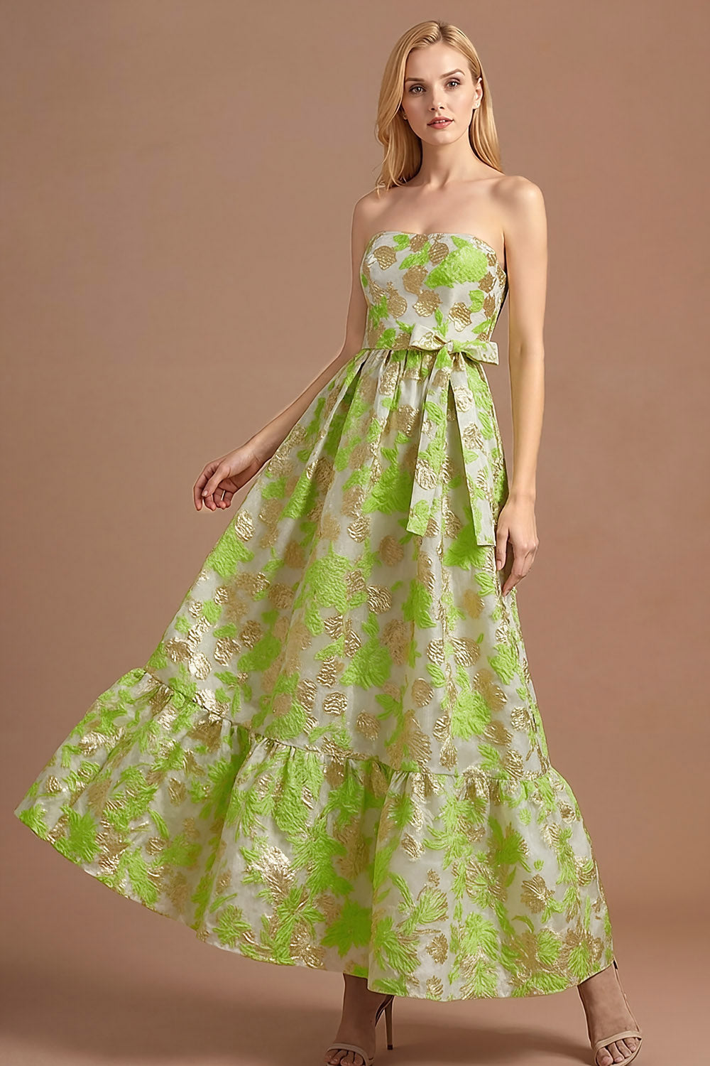 Leely Women Jacquard Light Green Floral Maxi Wedding Guest Dress with Bow A Line Strapless Prom Dress