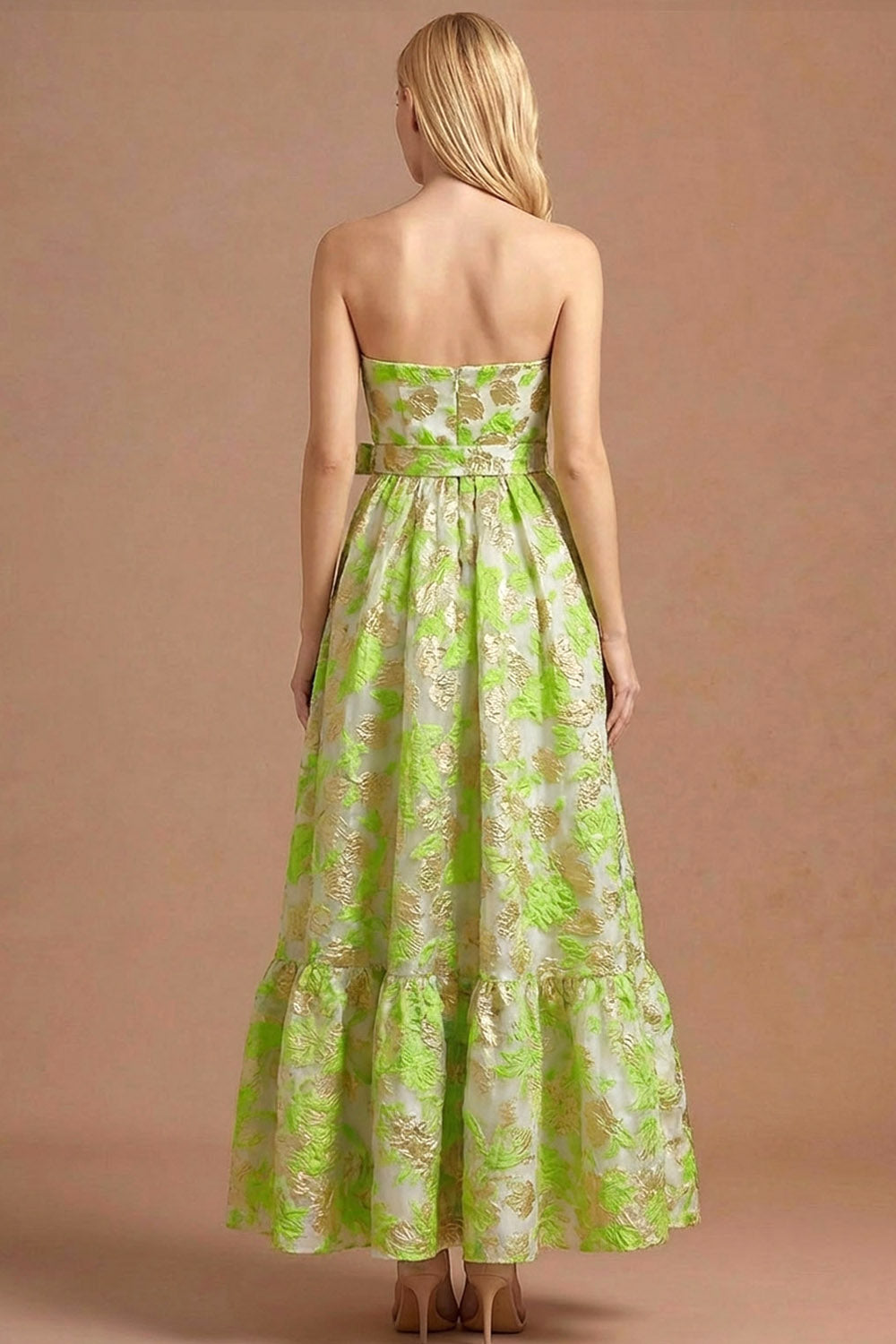 Floral Strapless Light Green Jacquard Maxi Wedding Guest Dress with Bow