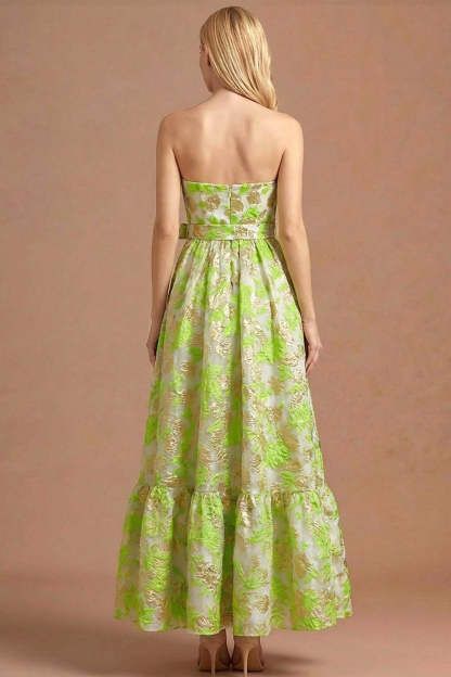 Floral Strapless Light Green Jacquard Maxi Wedding Guest Dress with Bow