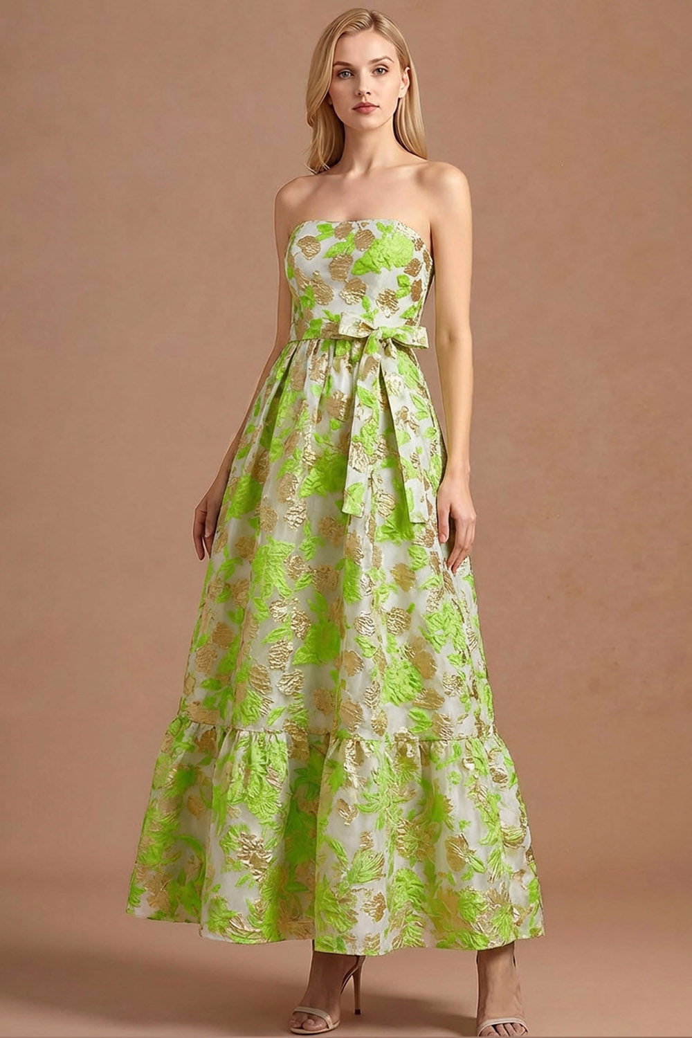 Floral Strapless Light Green Jacquard Maxi Wedding Guest Dress with Bow