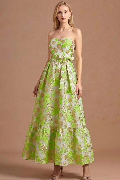 Floral Strapless Light Green Jacquard Maxi Wedding Guest Dress with Bow