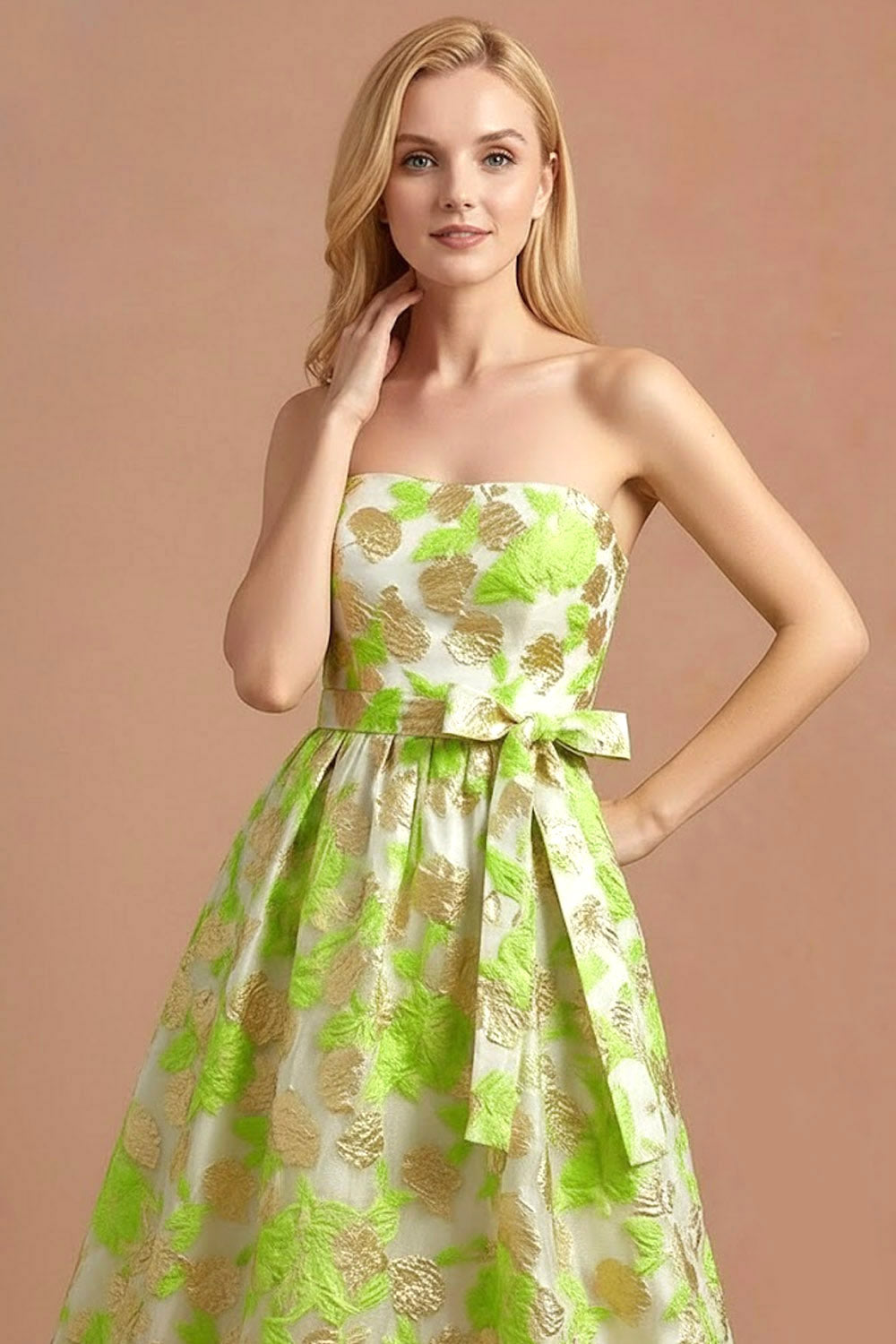 Floral Strapless Light Green Jacquard Maxi Wedding Guest Dress with Bow