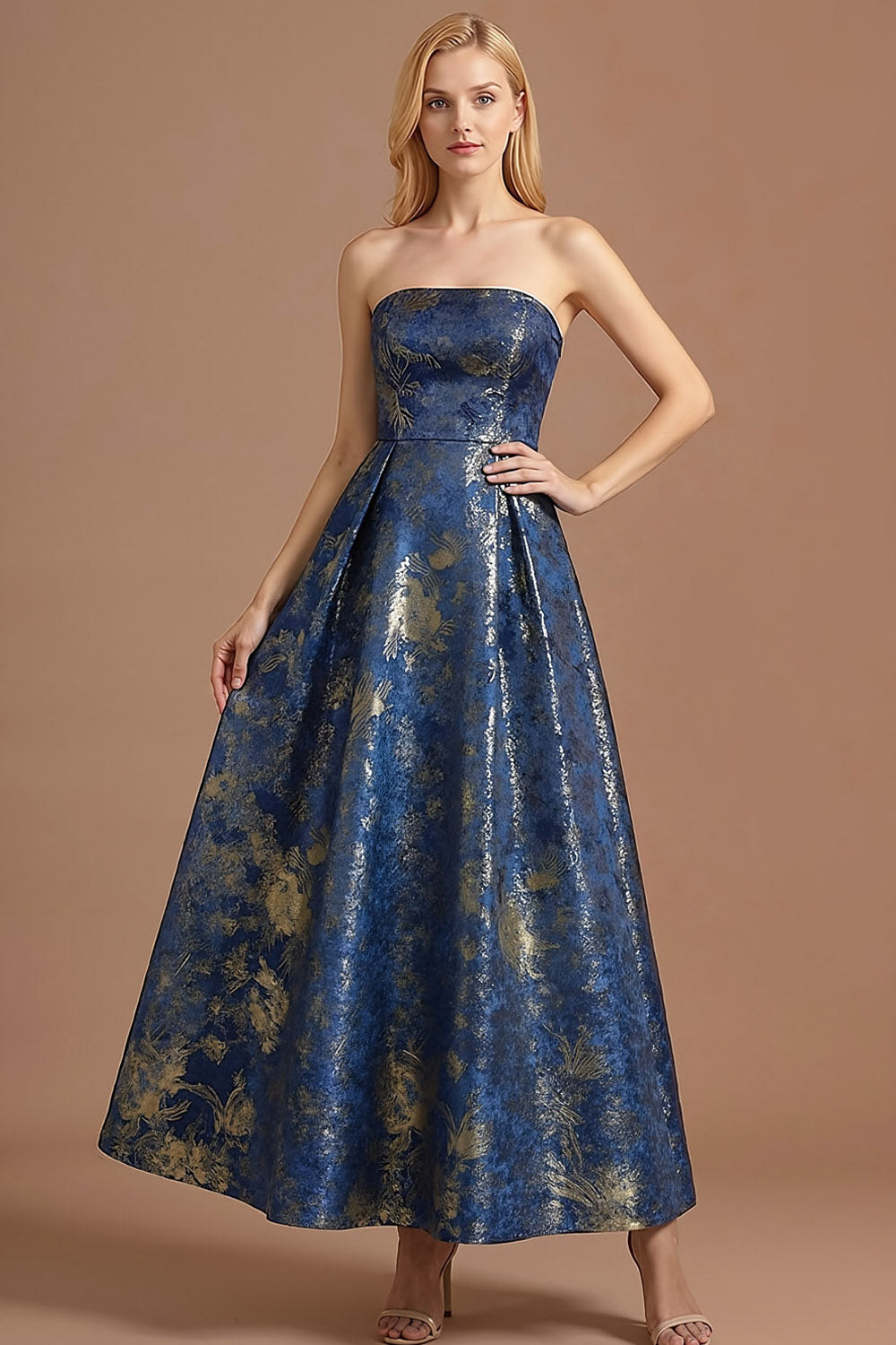 Blue Jacquard A Line Strapless Long Formal Dress