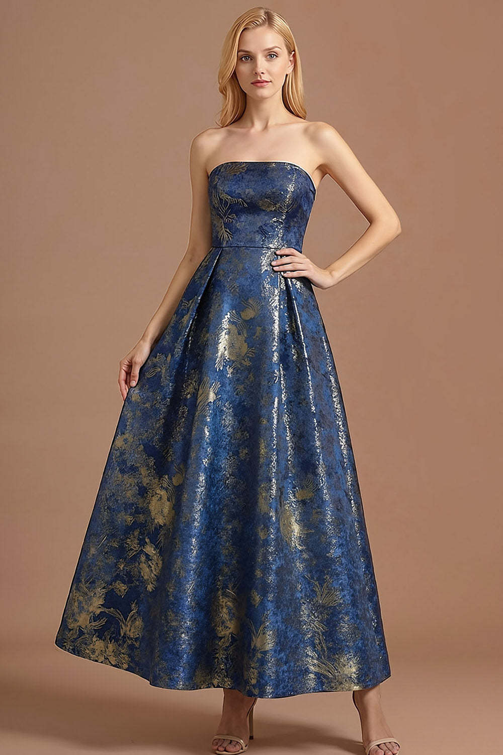 Blue Jacquard A Line Strapless Long Formal Dress