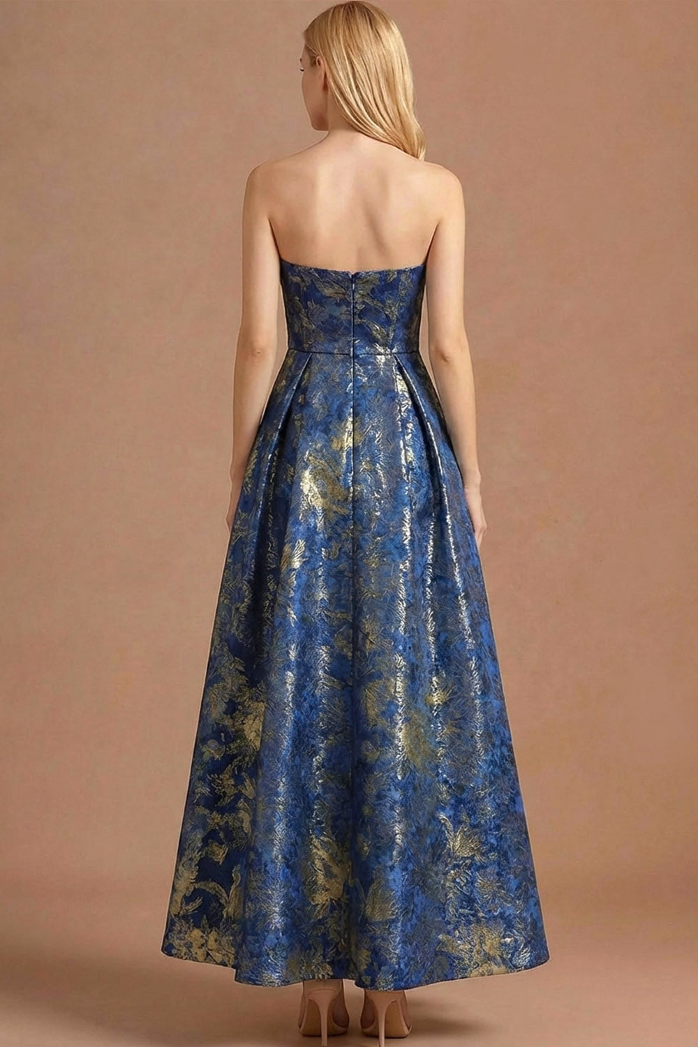 Blue Jacquard A Line Strapless Long Formal Dress