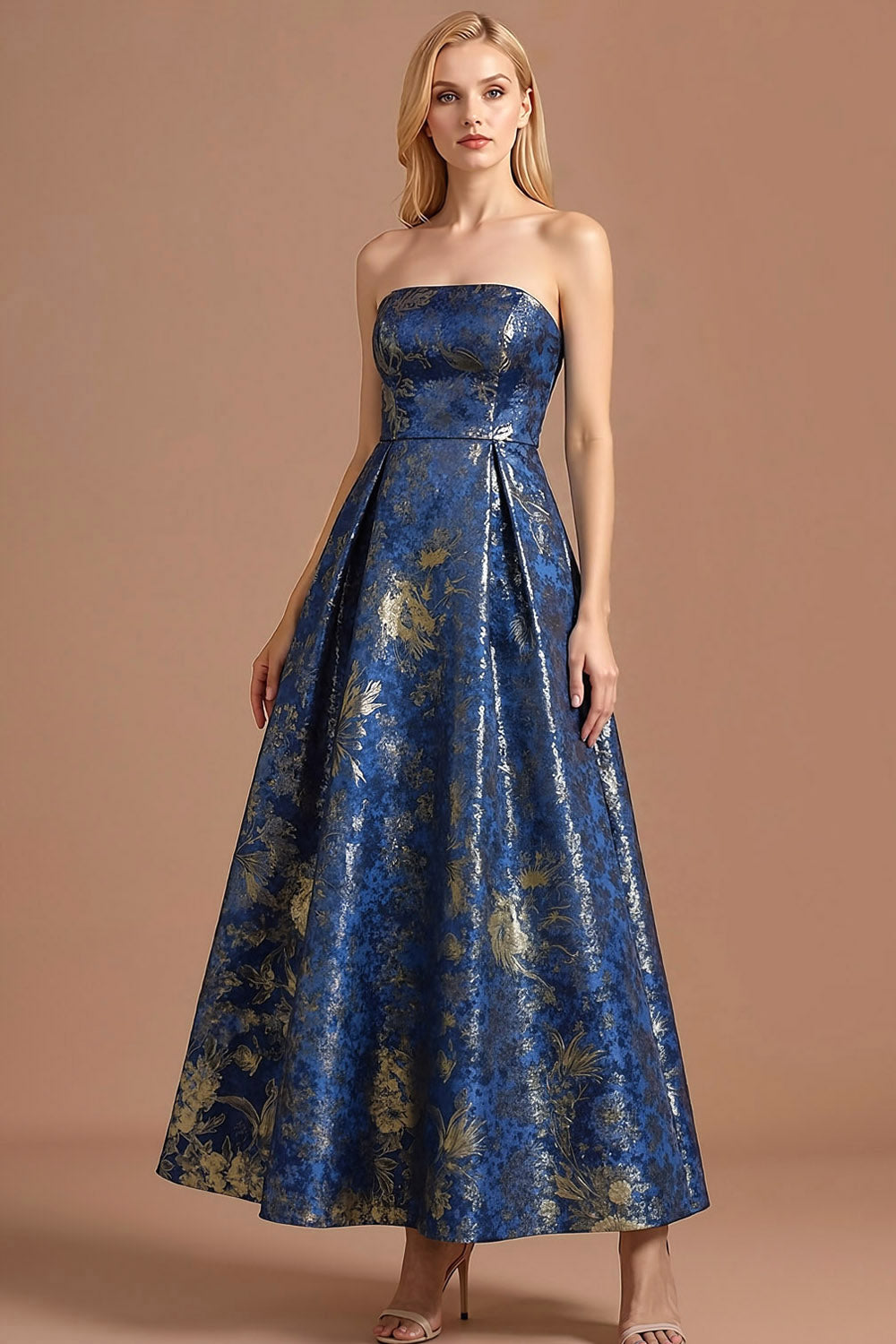 Leely Women Blue Floral Strapless Long Formal Dress A Line Backless Jacquard Evening Dress