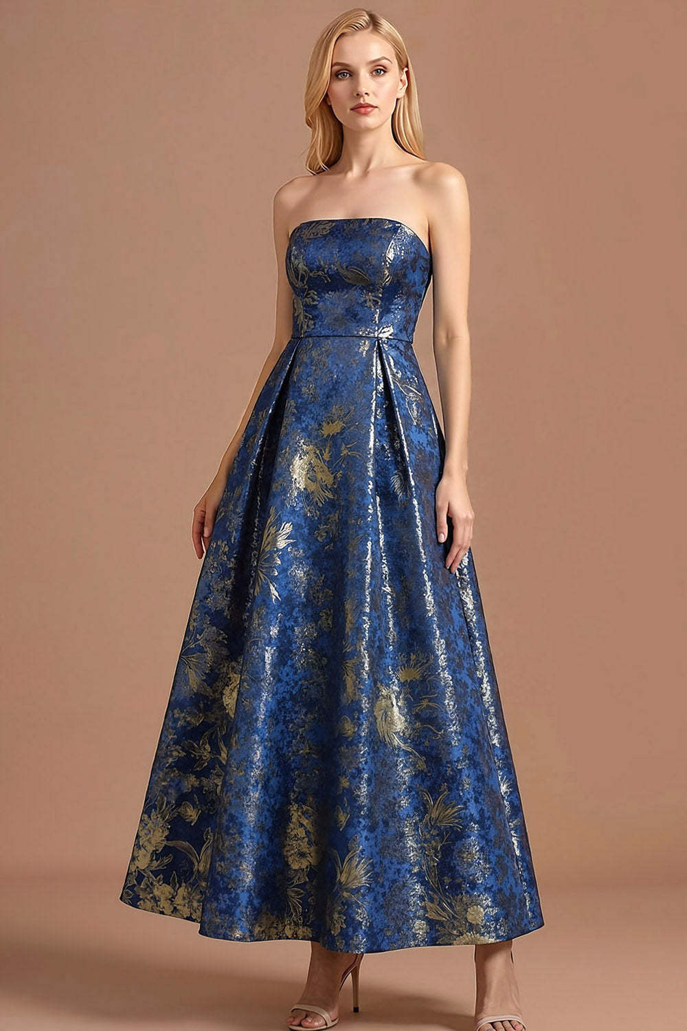 Leely Women Blue Floral Strapless Long Formal Dress A Line Backless Jacquard Evening Dress