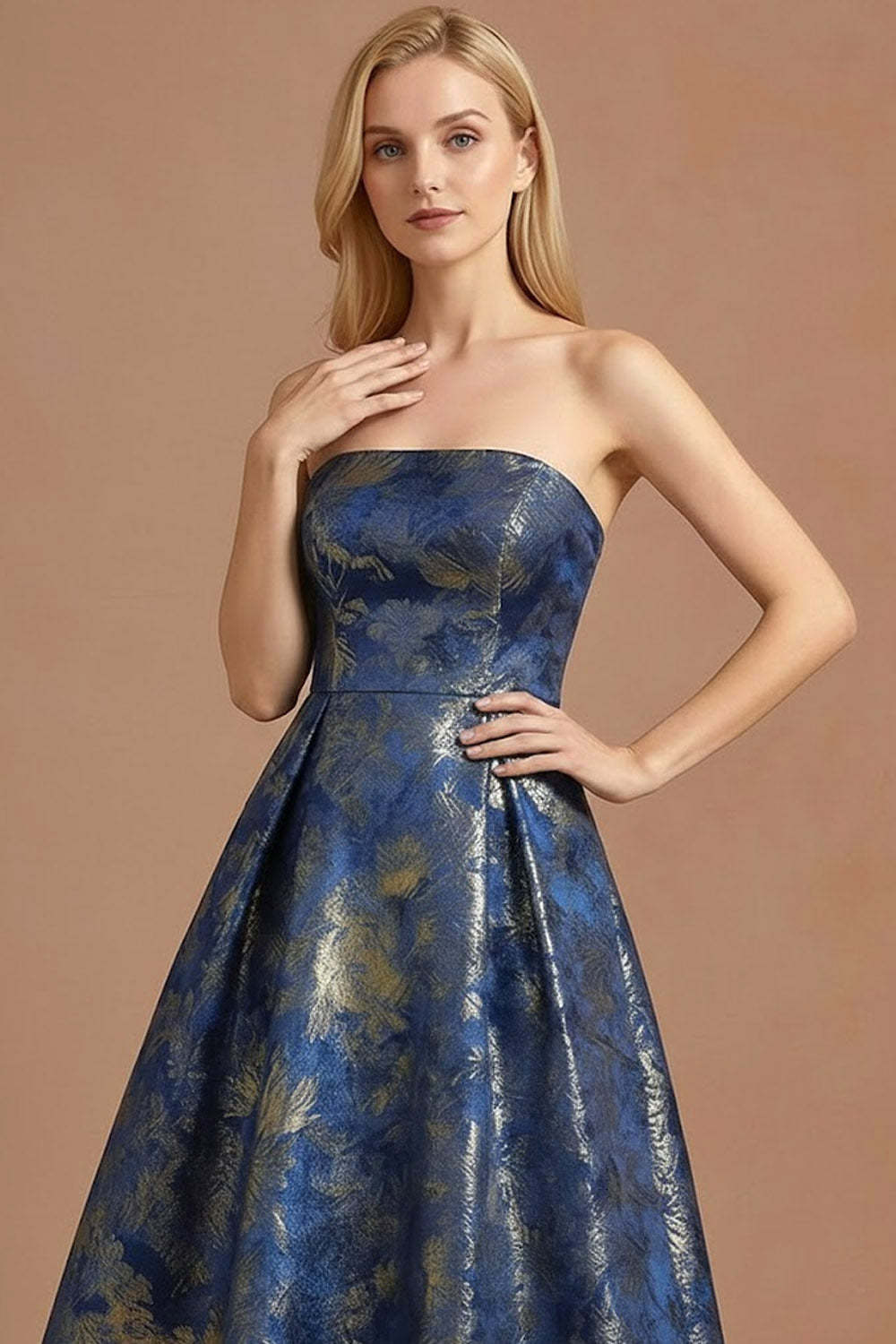 Blue Jacquard A Line Strapless Long Formal Dress
