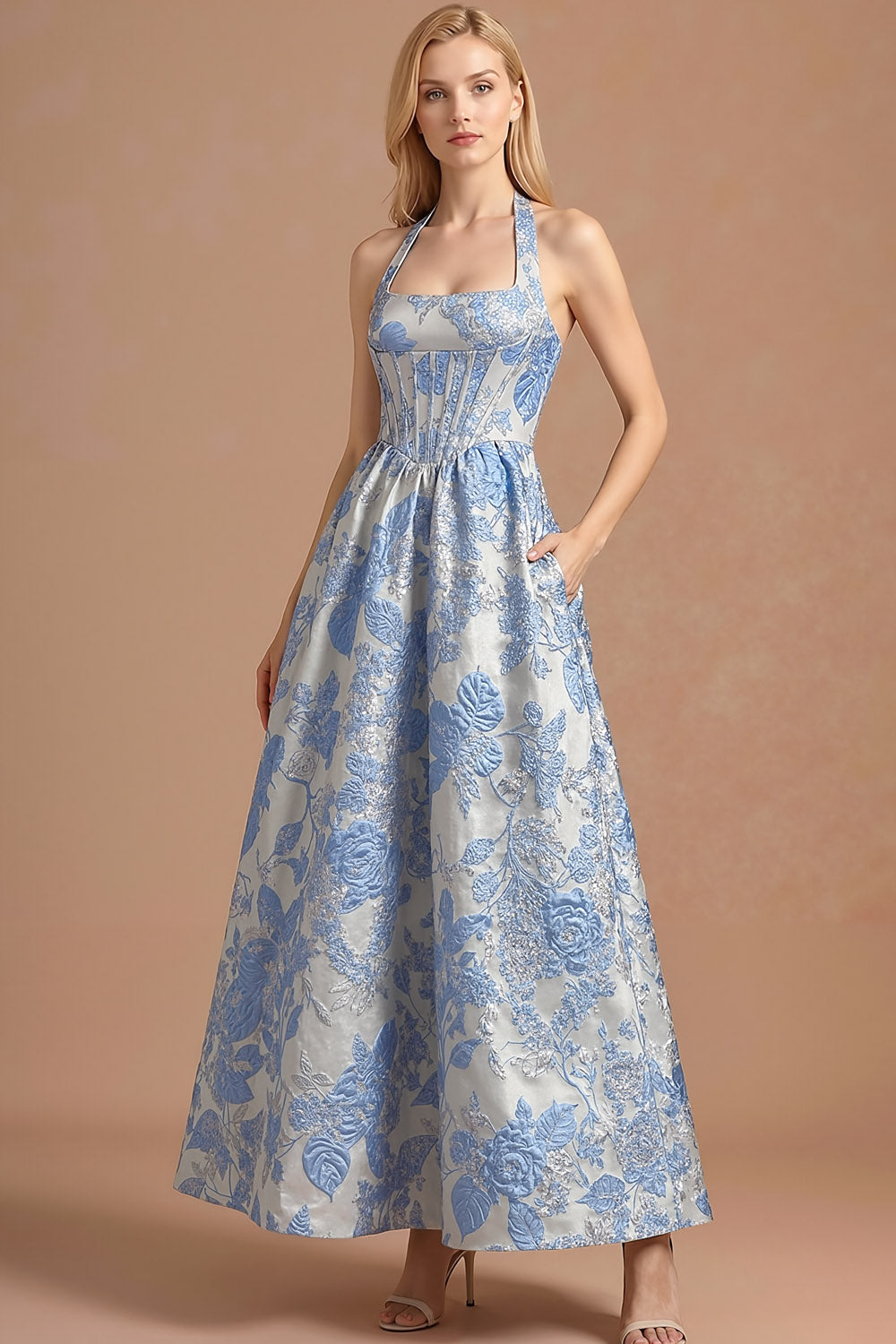 Dusty Blue Jacquard A Line Floral Corset Long Formal Dress